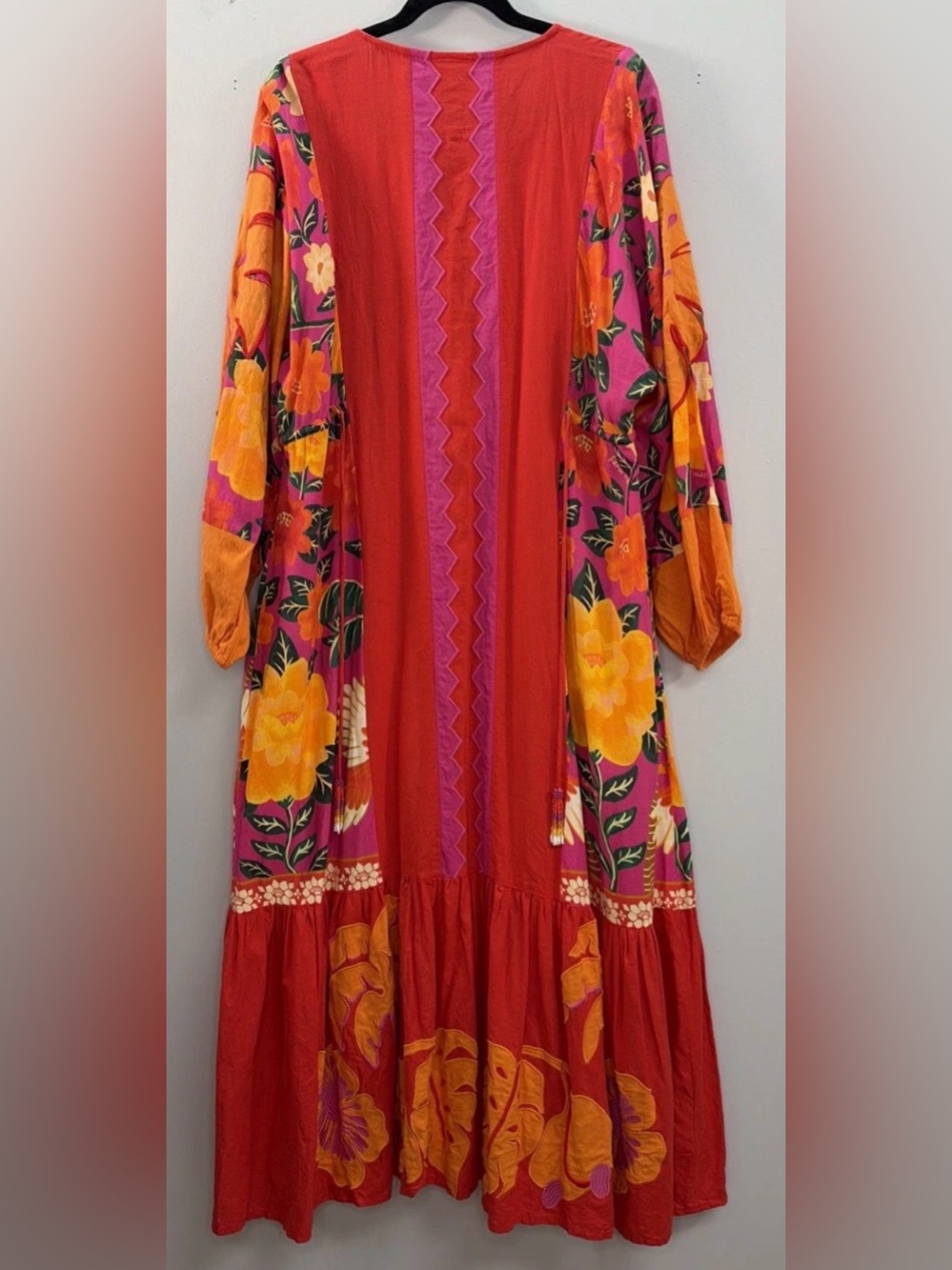 FARM RIO RED/PINK FLORAL L/S BOHO SUNSET PATCHWORK MAXI DRESS SIZE XL - Picture 2 of 5